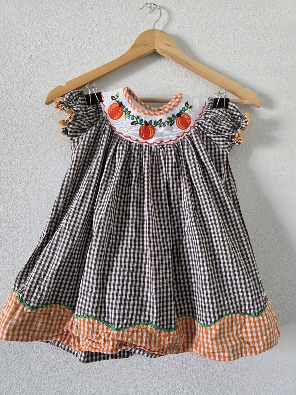Smocked Brown Gingham Dress with Orange Pumpkin Embroidery